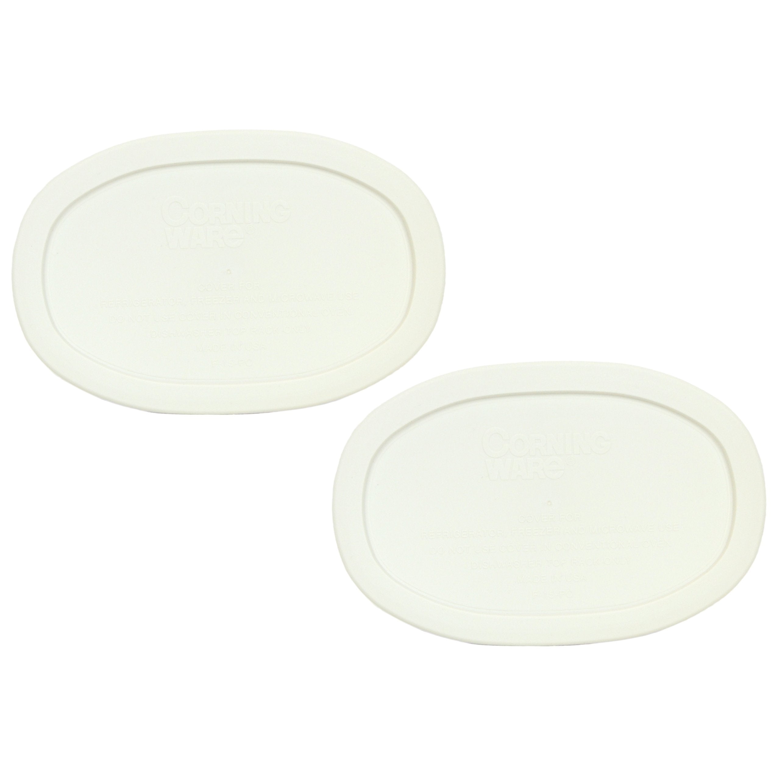 CorningWare F-15-PC oval lid, front view, secures 15-ounce leftovers.