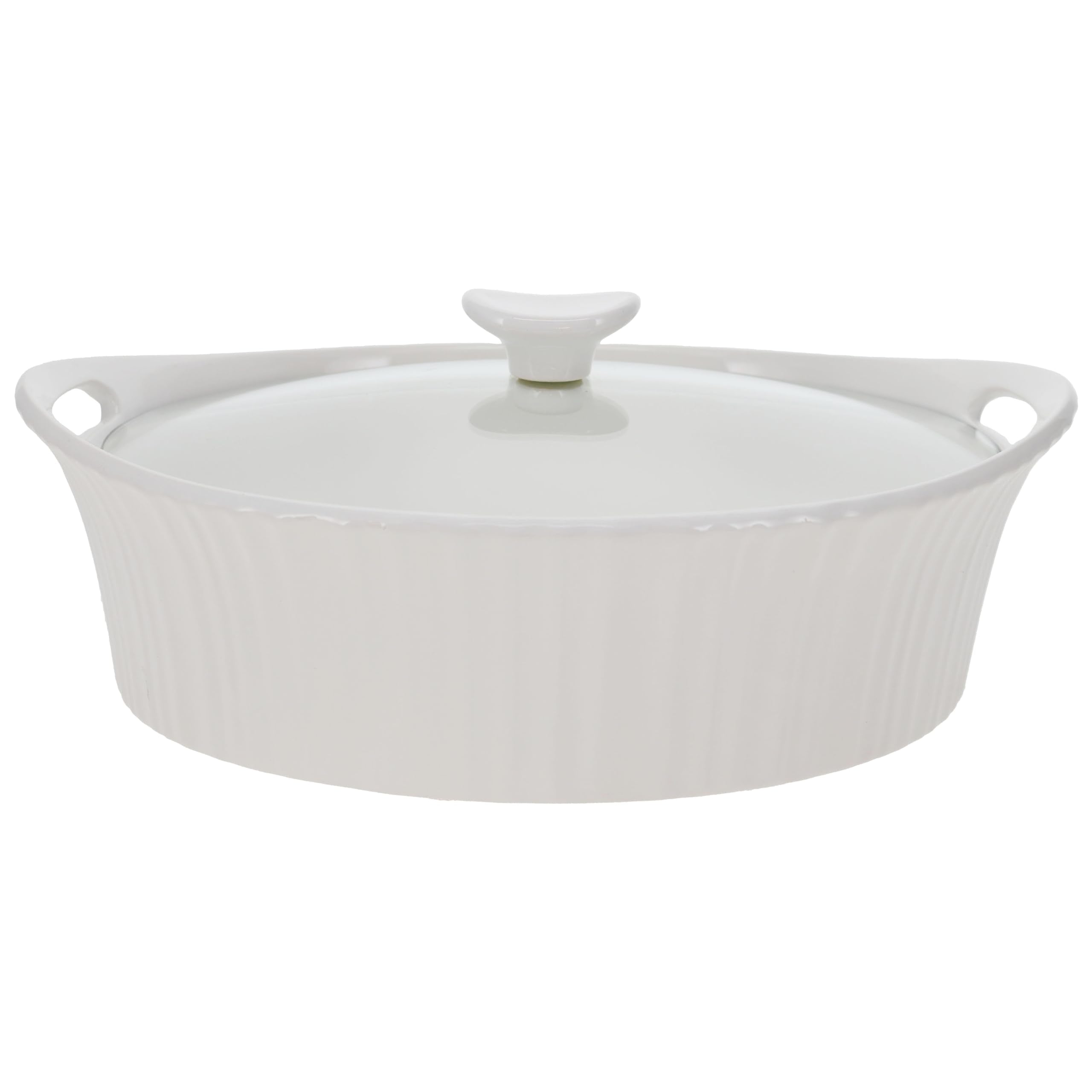 CorningWare French White oval casserole with glass lid for easy monitoring while cooking.