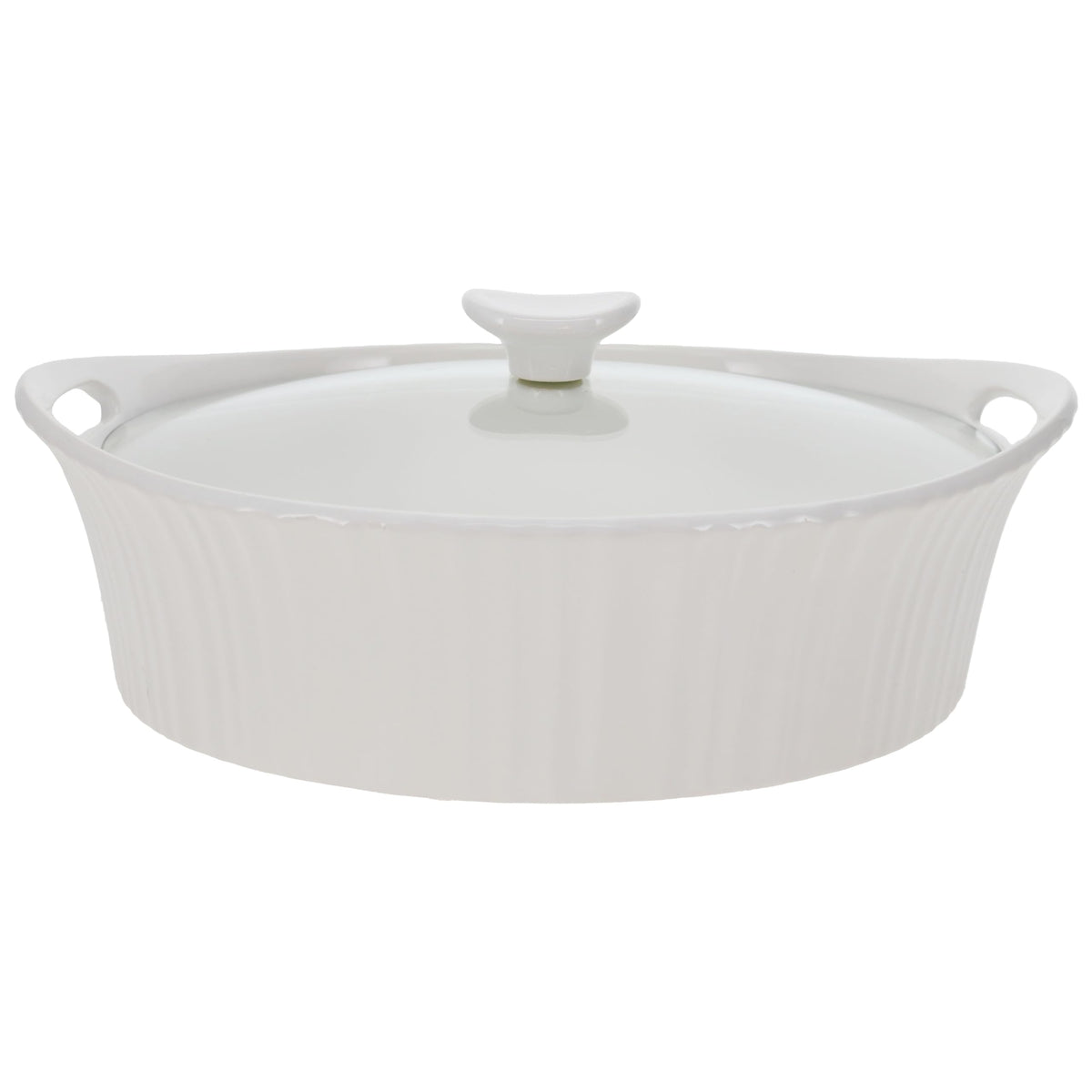 CorningWare French White oval casserole with glass lid for easy monitoring while cooking.