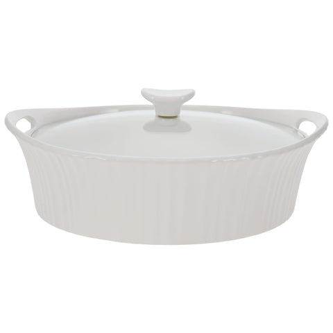 CorningWare French White oval casserole with glass lid for easy monitoring while cooking.