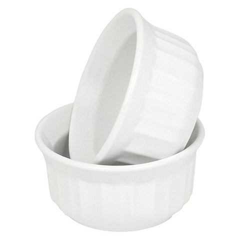 CorningWare RS4 4oz round ramekins two-pack, oven-safe and dishwasher-safe for everyday use.