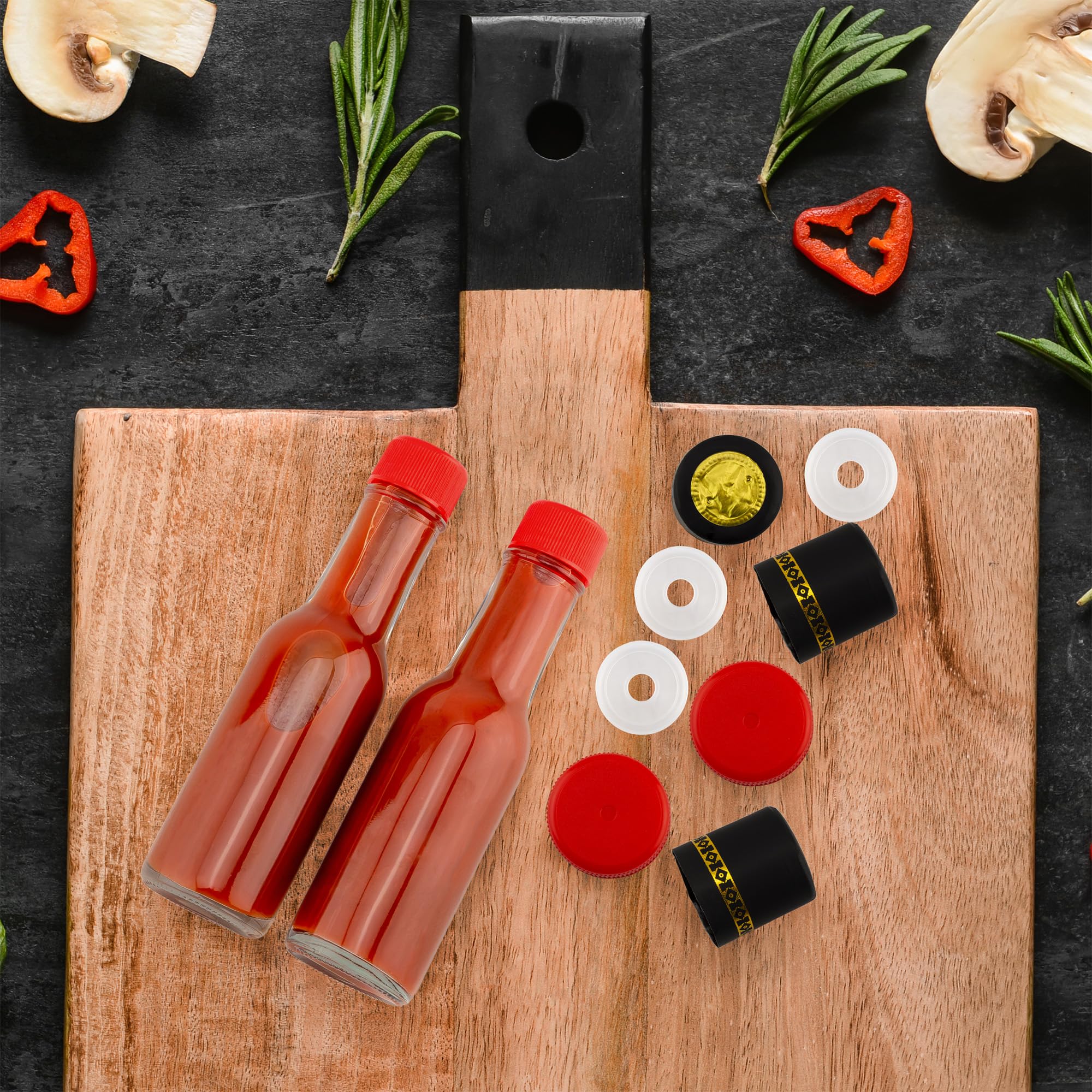 Black shrink bands finish the Cornucopia Brands mini bottle setup.
