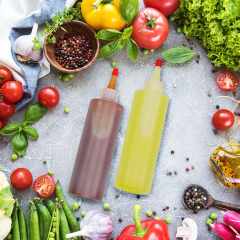 Cornucopia Brands red Yorker tip on translucent bottle enables controlled flow.