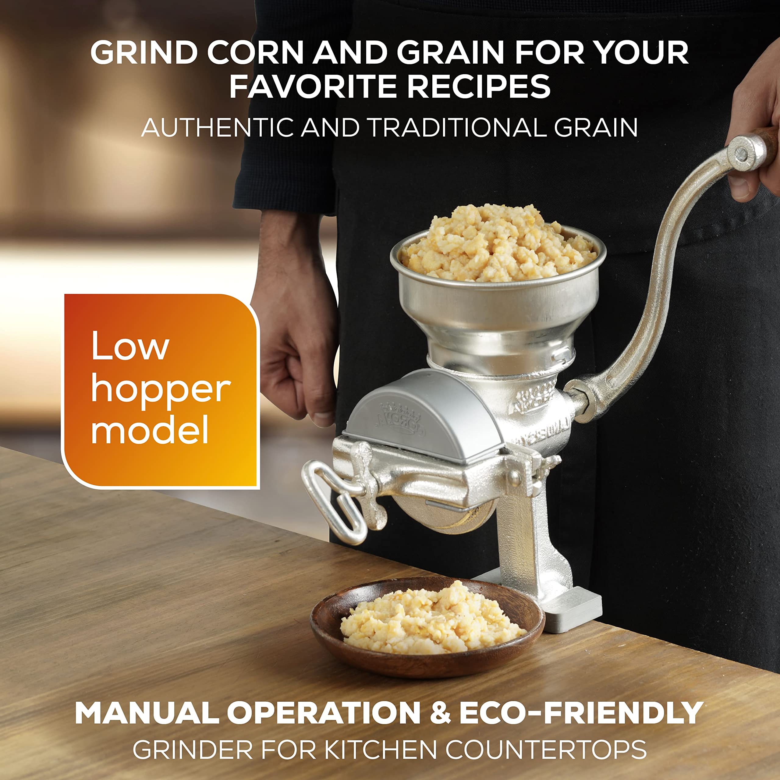 Corona corn grinder offers multi-grain capability for corn, wheat, and more.