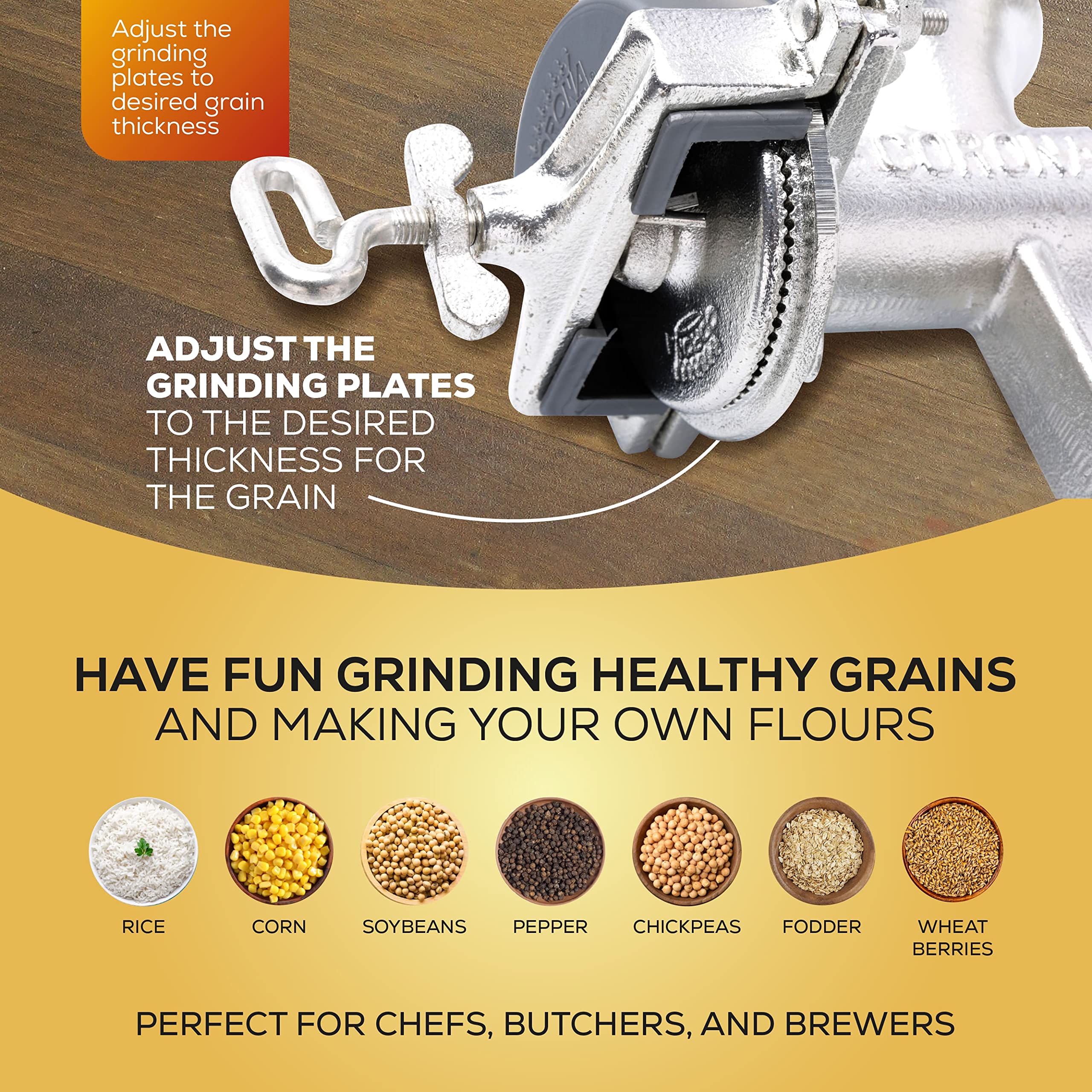 Corona grain mill securely mounts to counter for stable grinding.