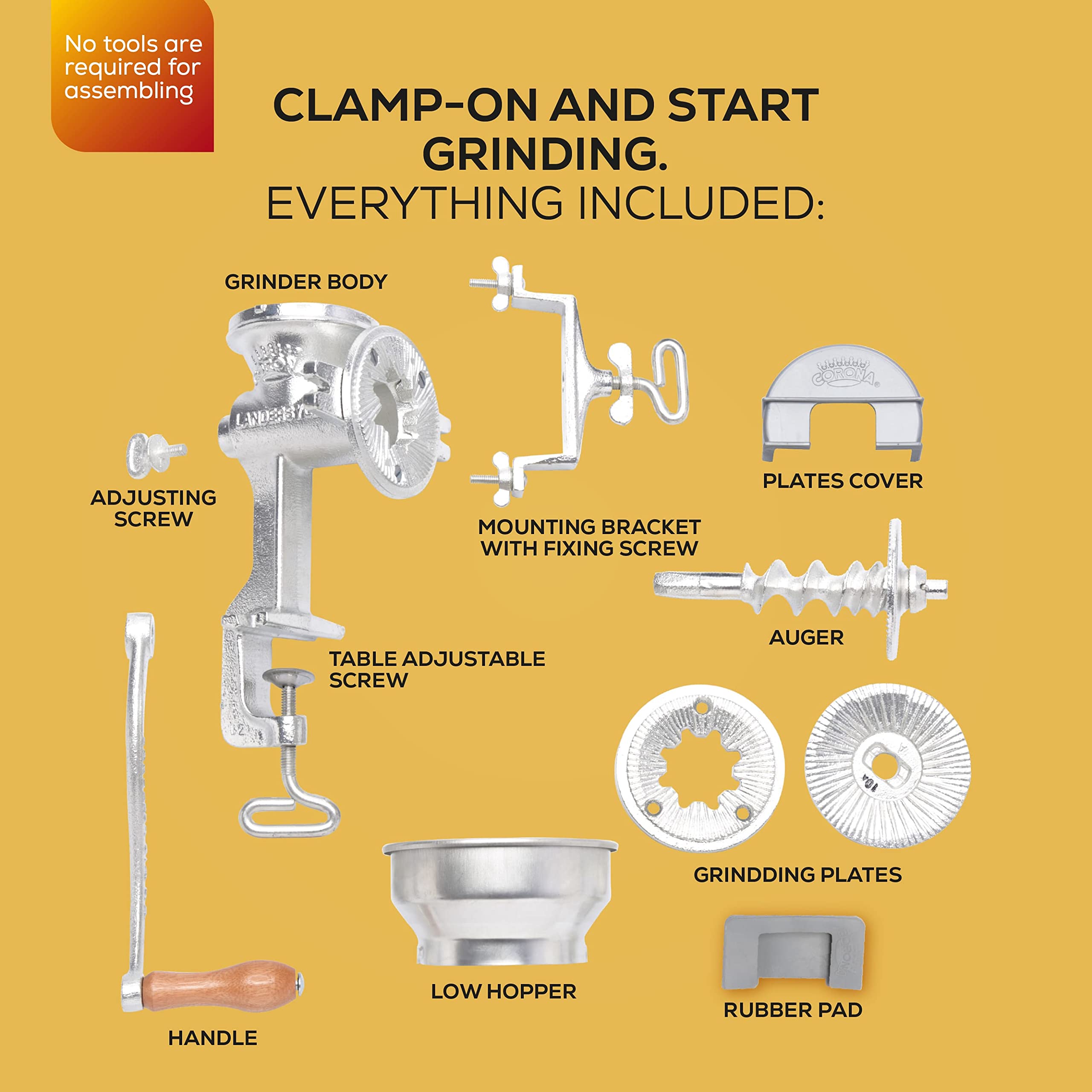 Corona grain mill complete kit includes handle, cover, and mounting hardware.