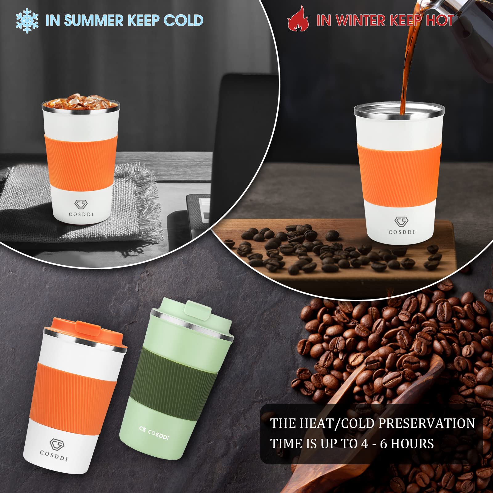 CS COSDDI orange 12oz tumbler fits car cup holders during travel.