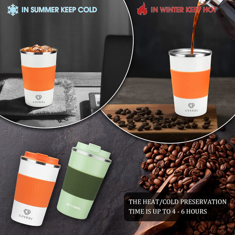 CS COSDDI orange 12oz tumbler fits car cup holders during travel.