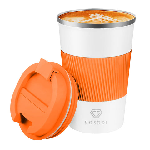 CS COSDDI orange 12oz tumbler closeup highlights durable stainless steel and no flavor transfer.