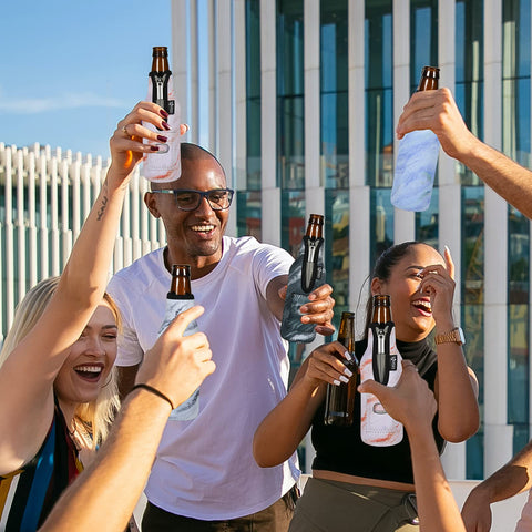 Cosmos sleeve with built-in bottle opener for quick drinks at gatherings.