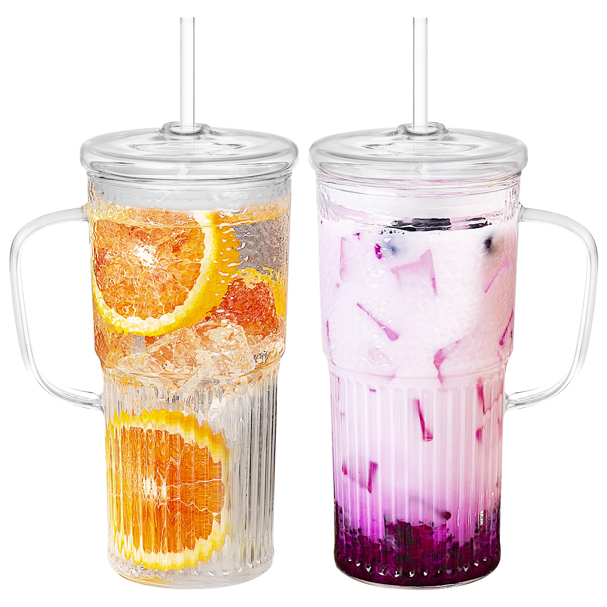 Cosnou glass tumbler with handle and lid for spill-resistant on-the-go use
