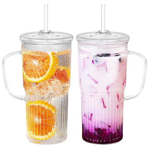 Cosnou glass tumbler with handle and lid for spill-resistant on-the-go use