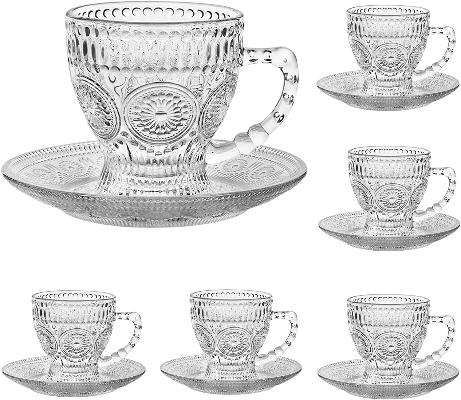 Cosnou vintage glass tea cups with saucers for elegant table settings and hot beverages.