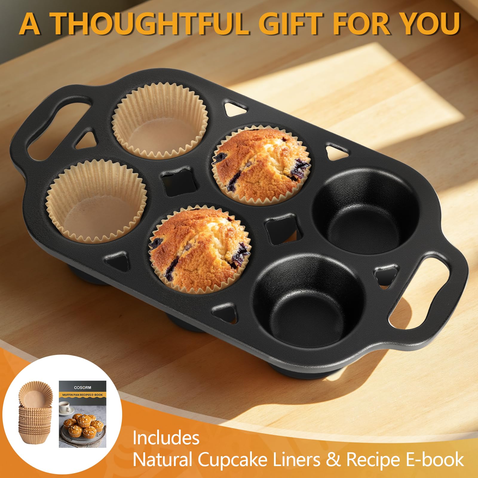 COSORM muffin pan interior showing even heat distribution for crusty muffins