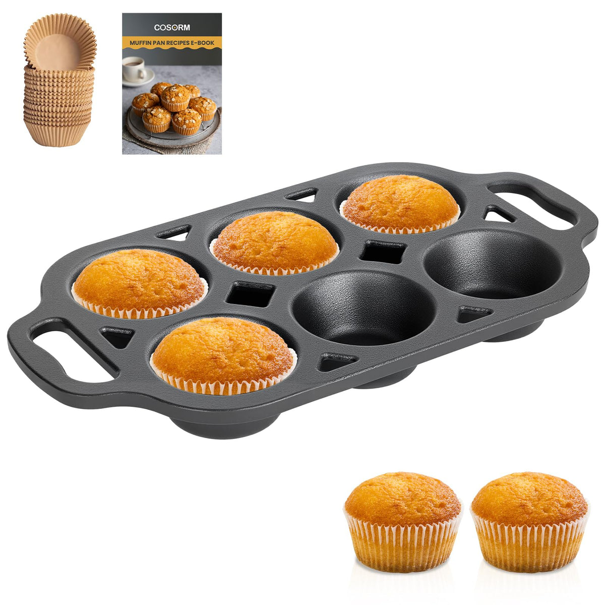 COSORM 6-cup cast iron muffin pan pre-seasoned surface for easy release