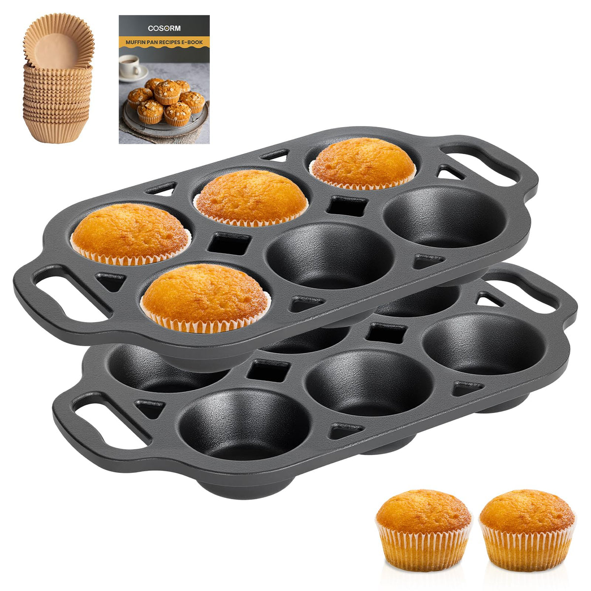 COSORM cast iron muffin pan six cup set for even browning