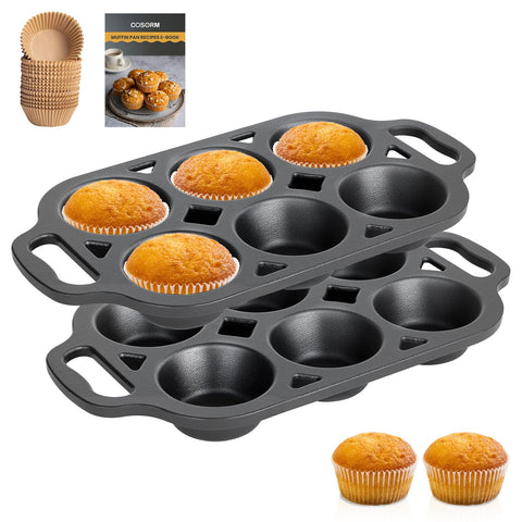 COSORM cast iron muffin pan six cup set for even browning