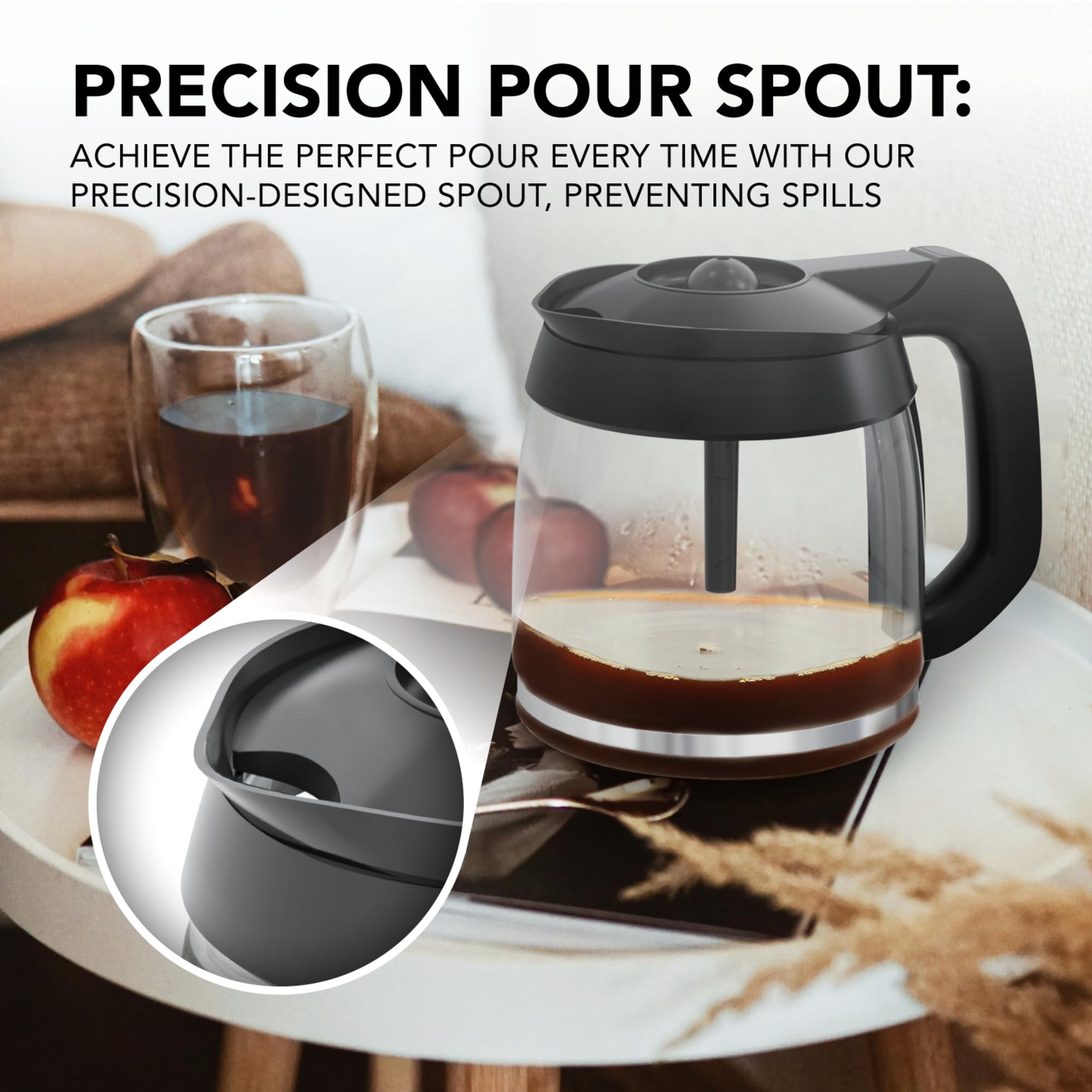 COSPARX glass carafe body shows clear view of coffee levels and 12-cup capacity.