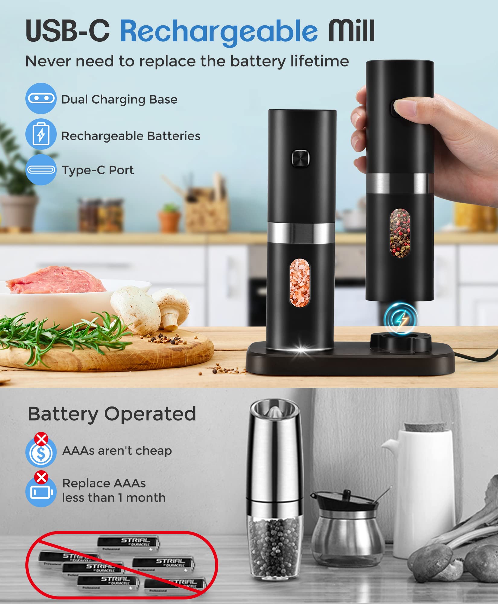 COSYAIREY grinder with LED light for clear seasoning visibility