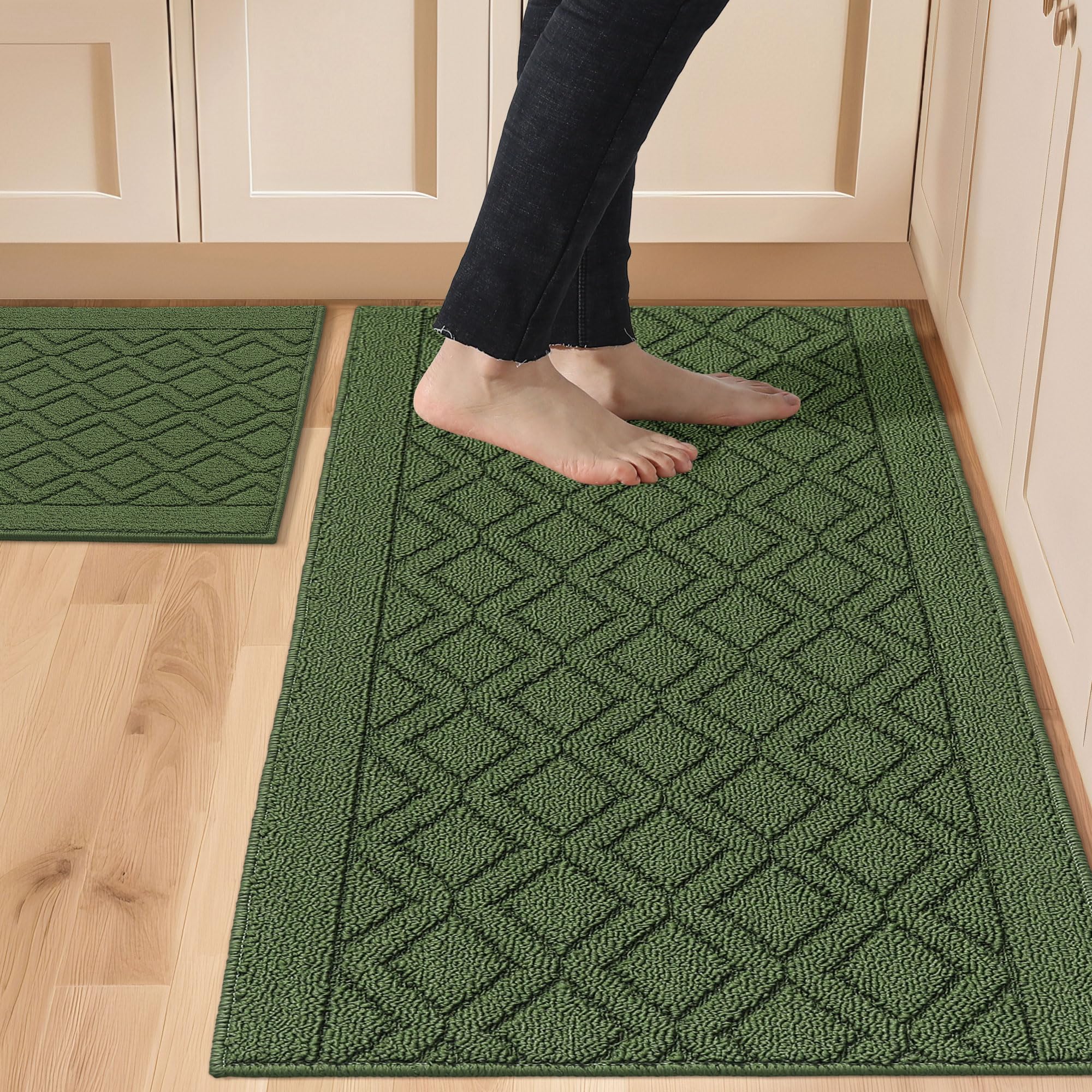 COSY HOMEER kitchen mats 2pc green anti-slip for secure footing.