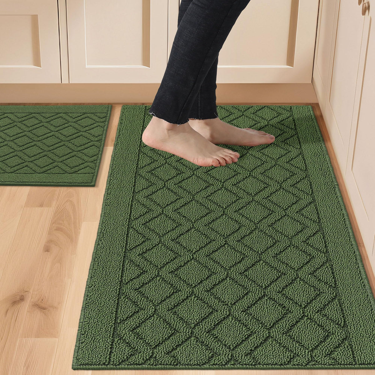 COSY HOMEER kitchen mats 2pc green anti-slip for secure footing.