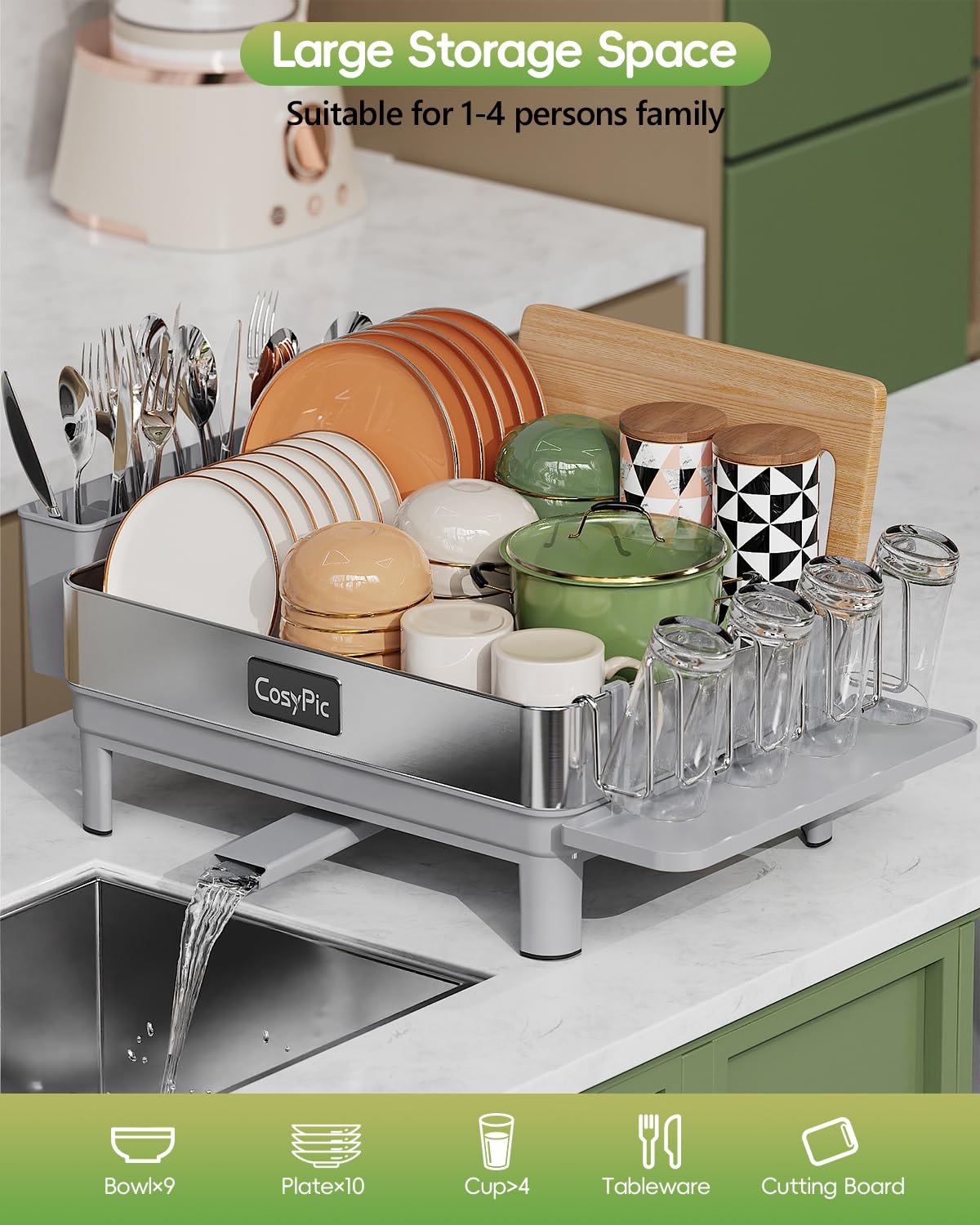 CosyPic dish drying rack countertop organization improves kitchen cleanliness.