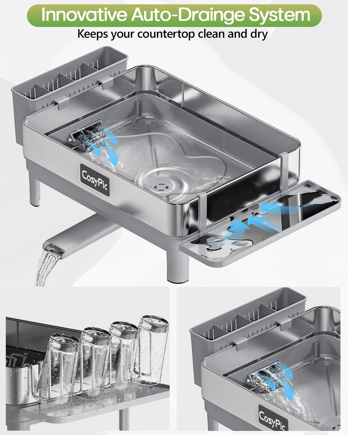 CosyPic dish drying rack cup and utensil holders keep items dry.