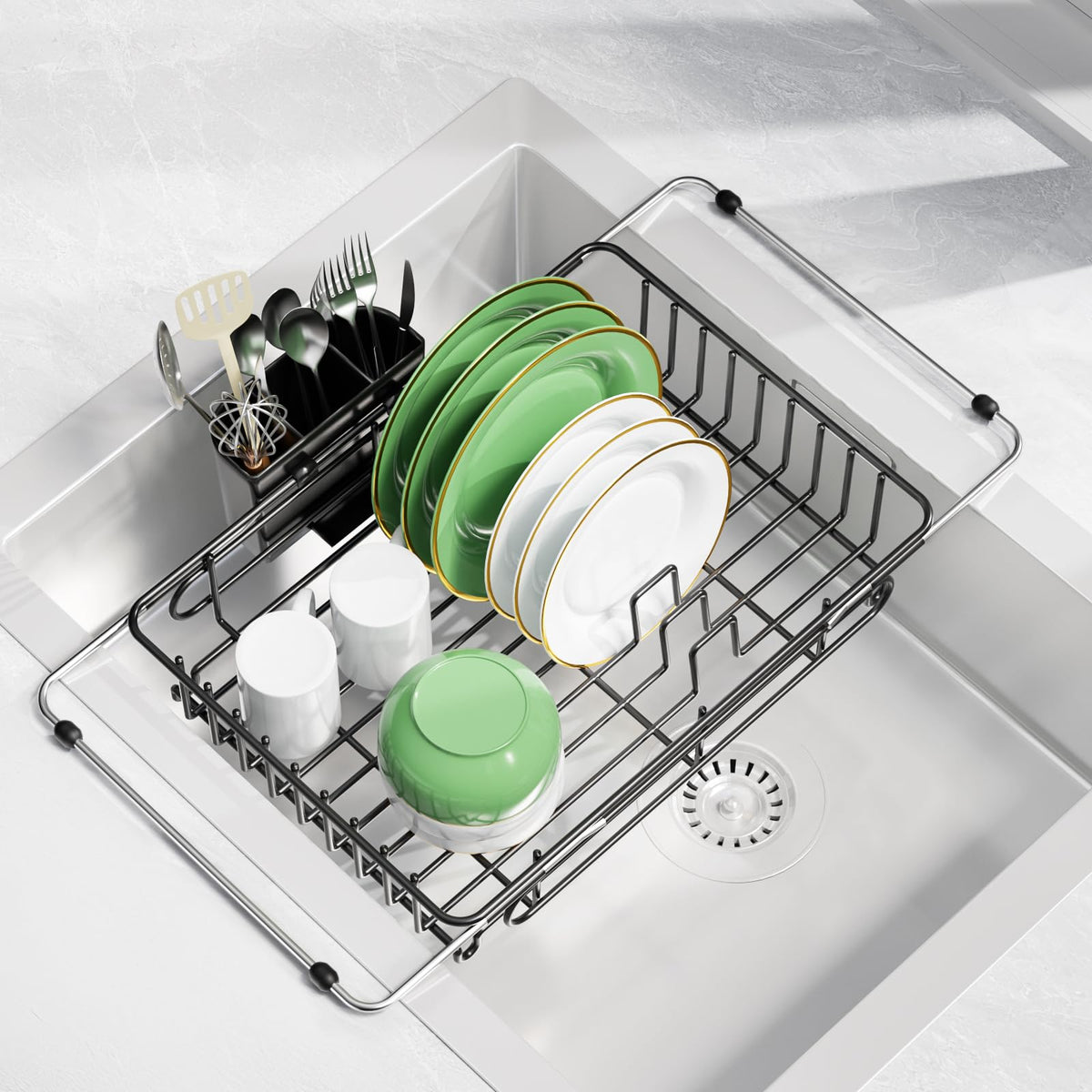 CosyPic expandable dish drying rack in sink demonstrates space saving design