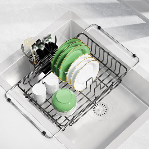 CosyPic expandable dish drying rack in sink demonstrates space saving design