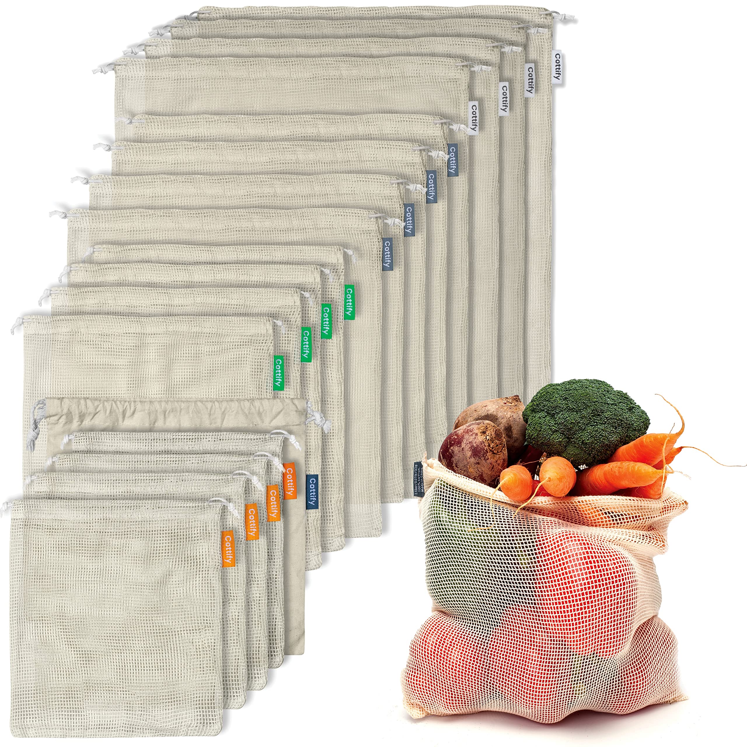 Cottify 17-pack reusable cotton mesh bags for eco-friendly grocery shopping.