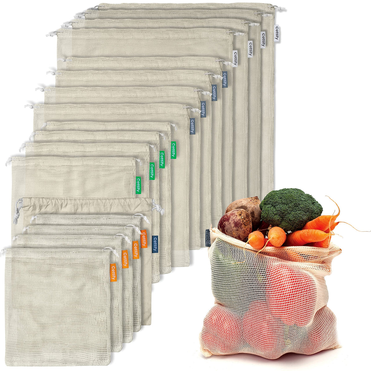 Cottify 17-pack reusable cotton mesh bags for eco-friendly grocery shopping.