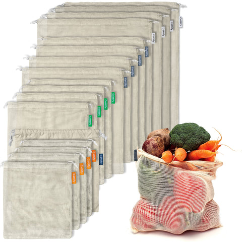 Cottify 17-pack reusable cotton mesh bags for eco-friendly grocery shopping.