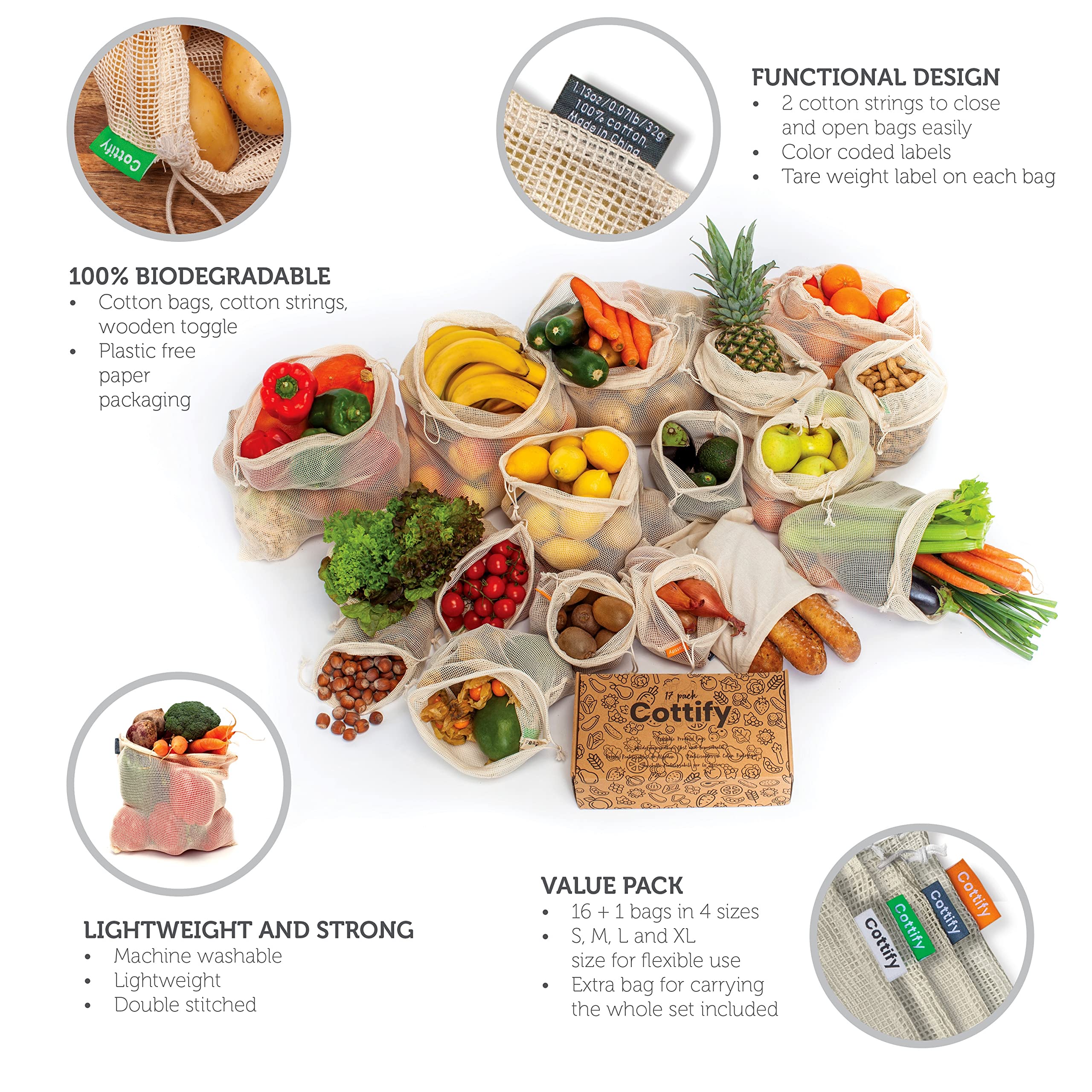 Cottify four-sizes mesh bag collection ideal for produce and bulk.