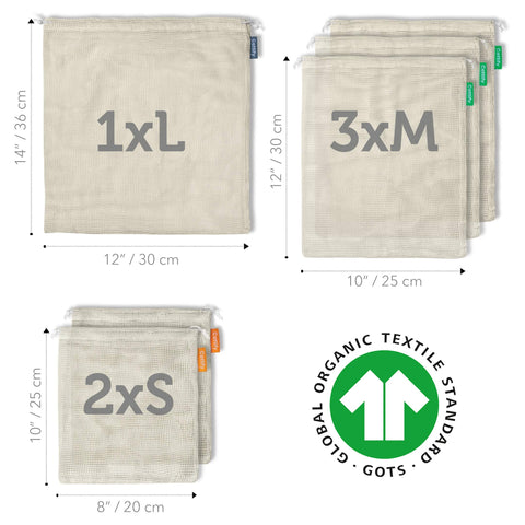 Cottify six-pack produce bags at market, color-coded by size for easy packing.