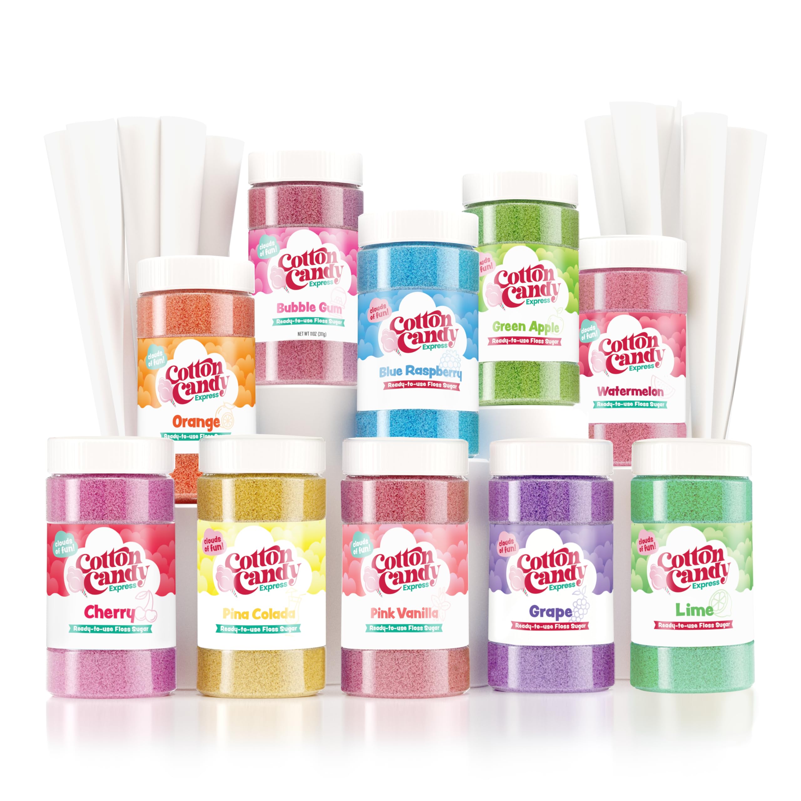 Cotton Candy Express floss sugar variety jars close-up for party flavors.