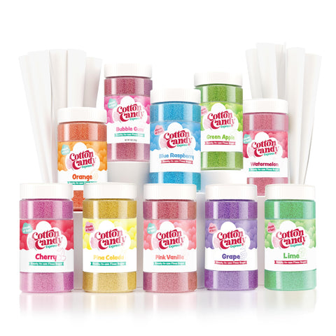 Cotton Candy Express floss sugar variety jars close-up for party flavors.