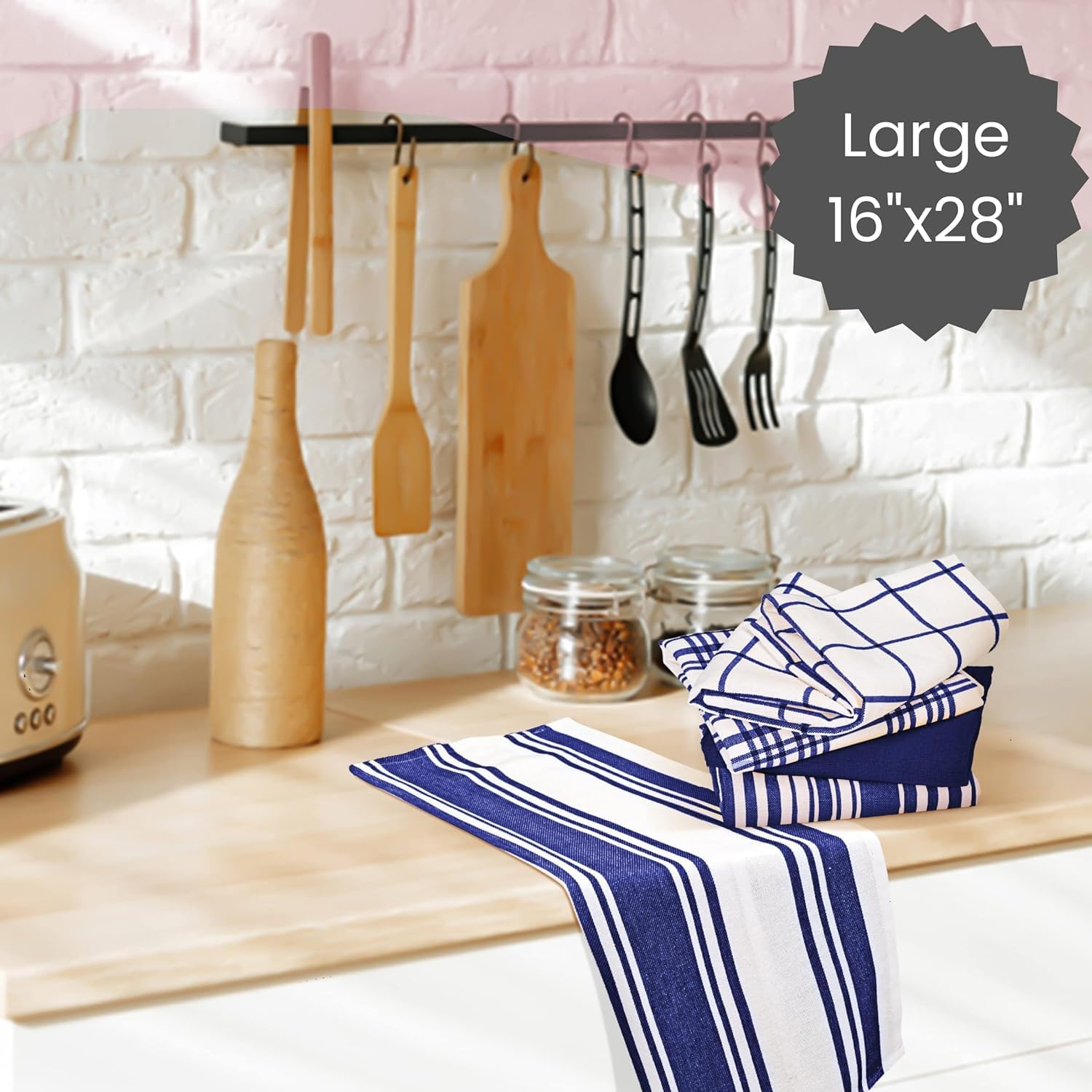 Cotton Clinic navy white towels add style while absorbing spills.