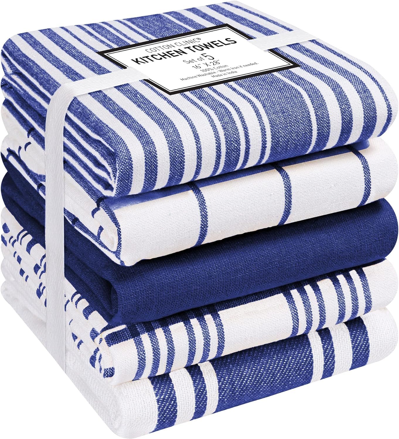 Cotton Clinic 5-pack kitchen towels in Navy White for quick spills cleanup.