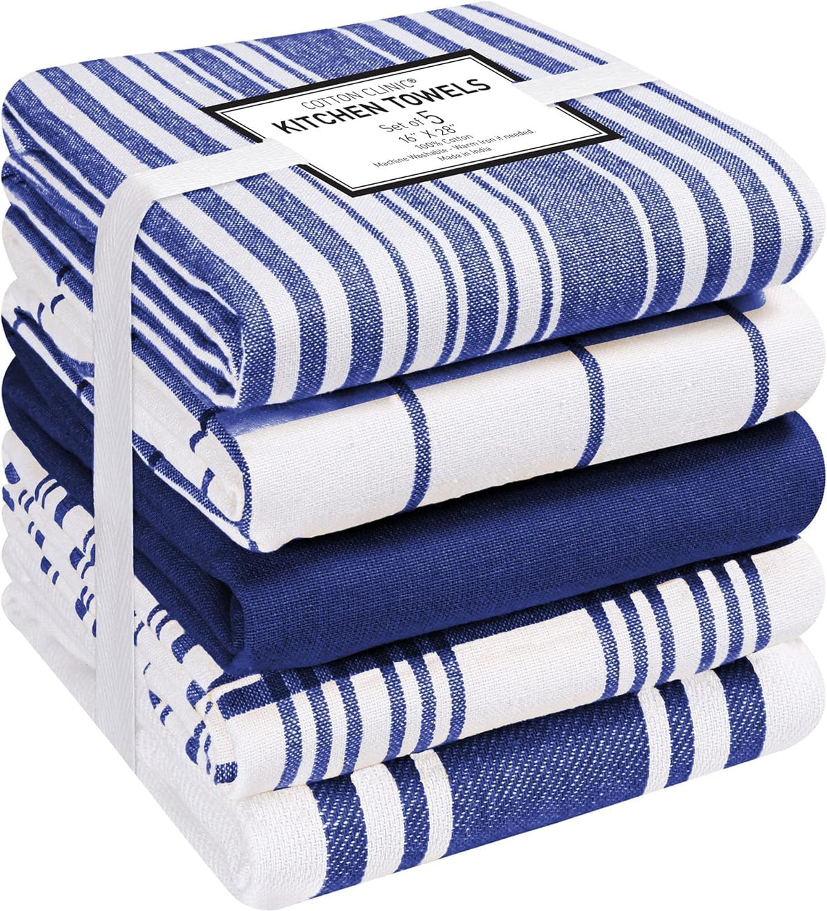 Cotton Clinic 5-pack kitchen towels in Navy White for quick spills cleanup.