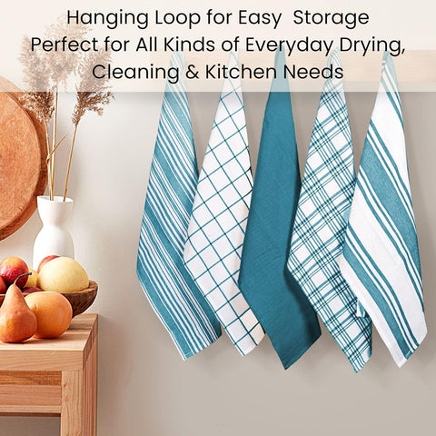 Cotton Clinic teal green and white towels showcase colorful kitchen styling