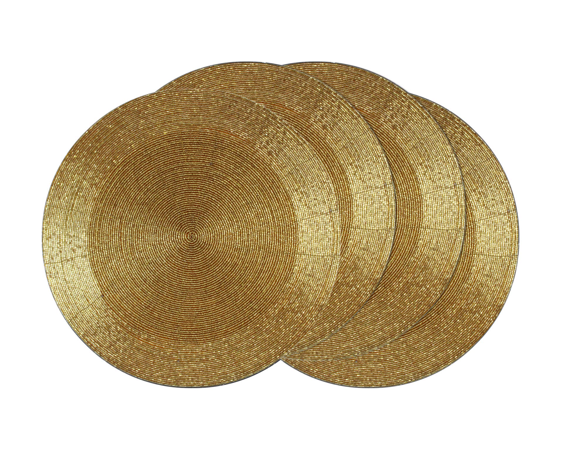 Cotton Craft Glitz beaded charger placemats in gold elevate a restaurant-grade table setting