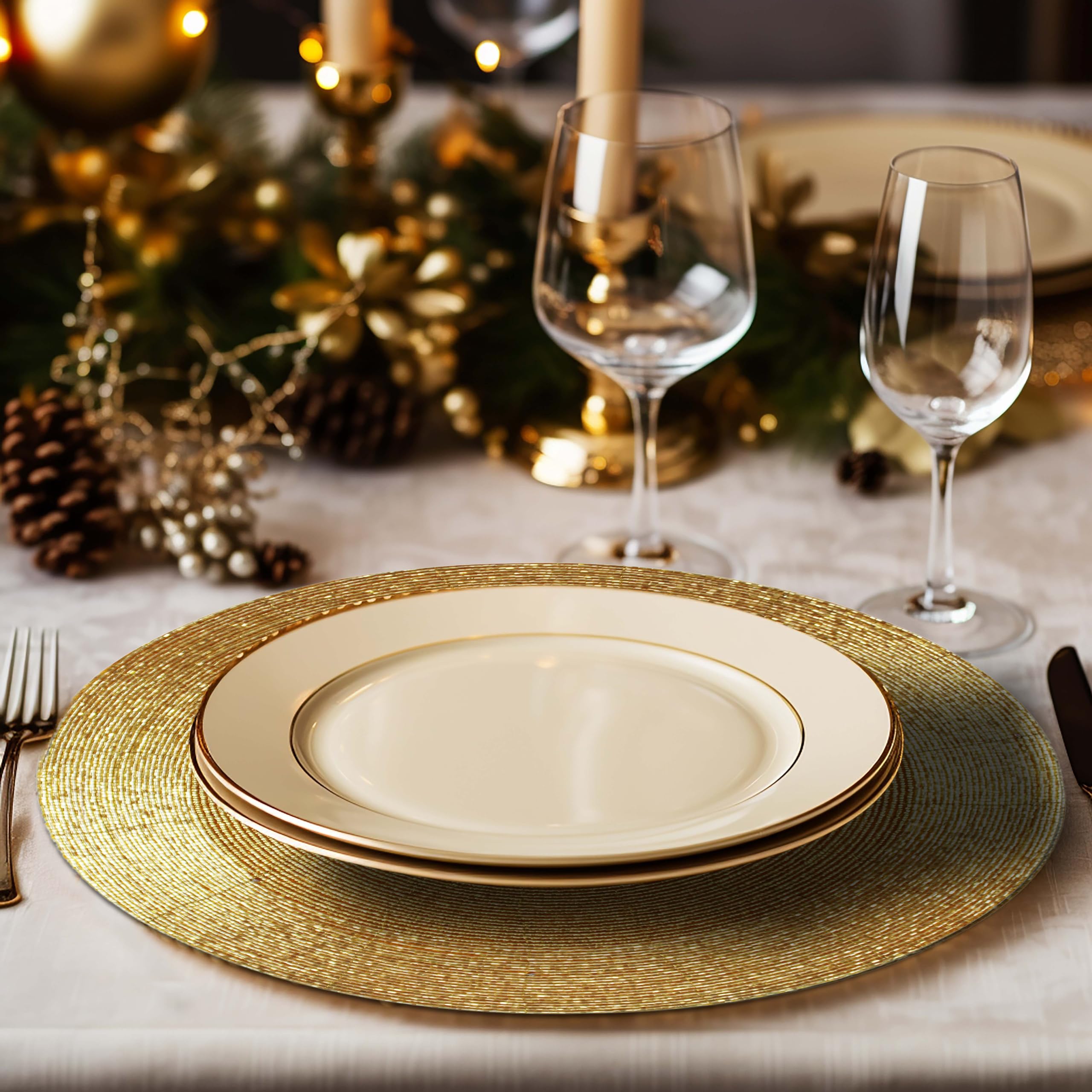 Cotton Craft round beaded charger placemats in gold detail add shimmer