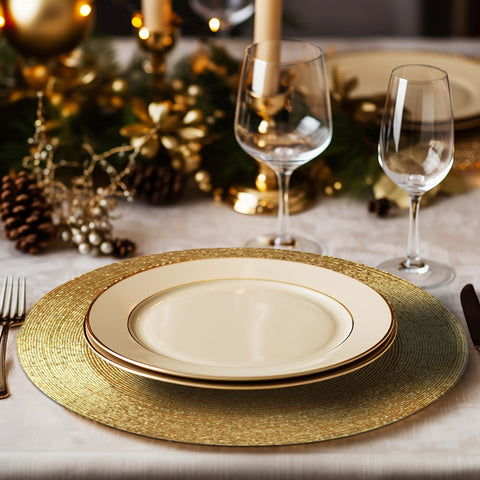 Cotton Craft round beaded charger placemats in gold detail add shimmer