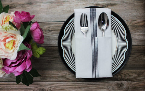 Charcoal color Cotton Craft Scandia Stripe towel adds modern style to the kitchen.