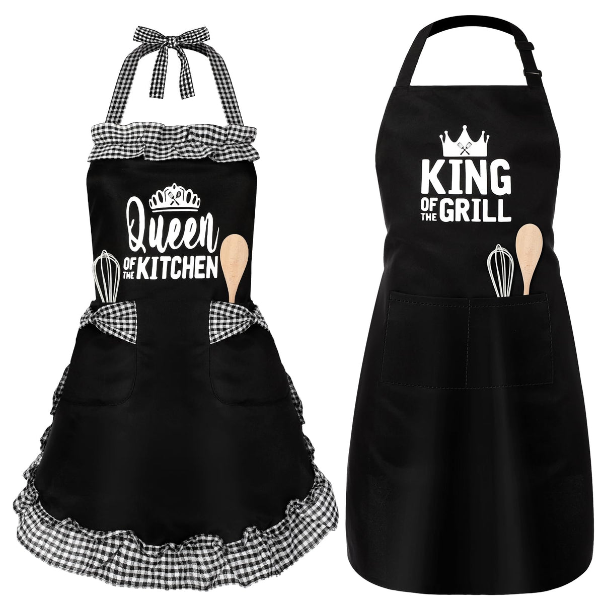 Cotwinter King and Queen aprons set with bold design for couples cooking together