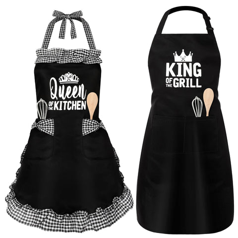 Cotwinter King and Queen aprons set with bold design for couples cooking together