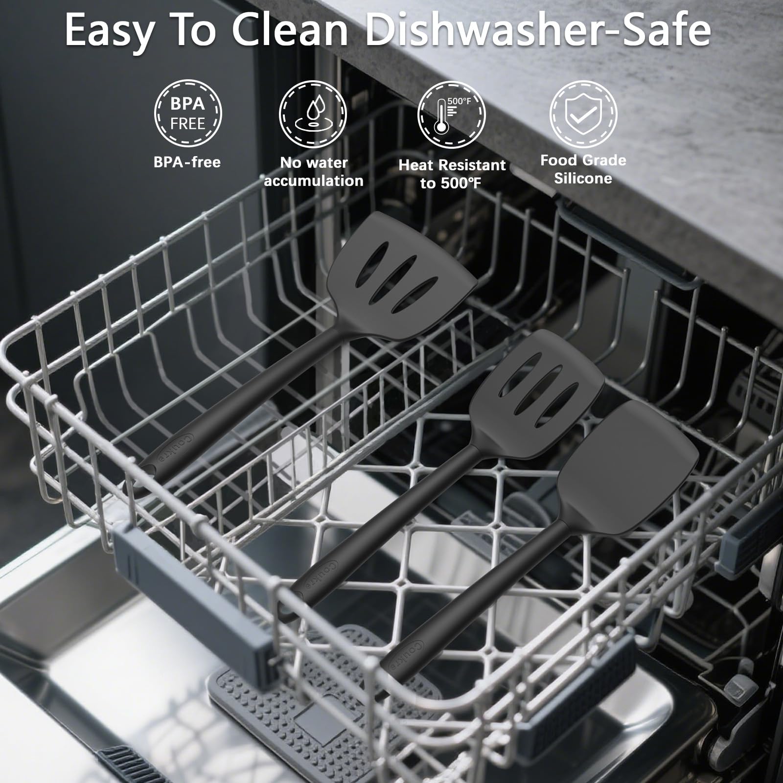 Coukre silicone utensils are dishwasher-safe for quick cleanup.