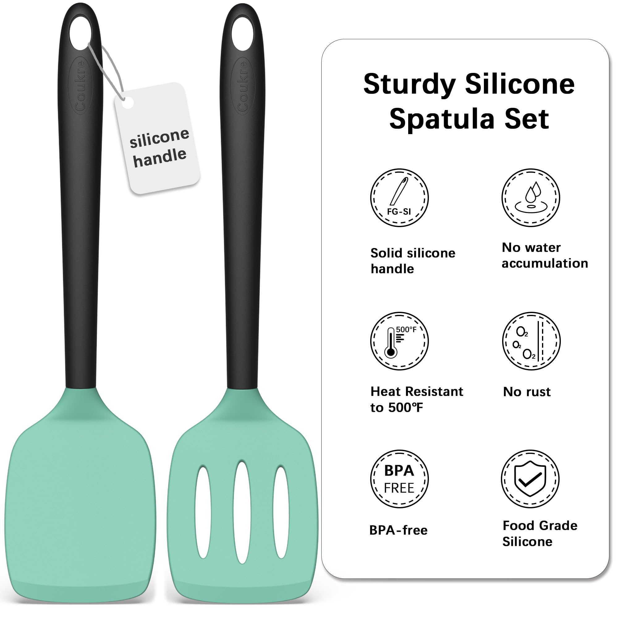 Coukre slotted silicone spatula in AquaGreen for draining liquids while lifting foods