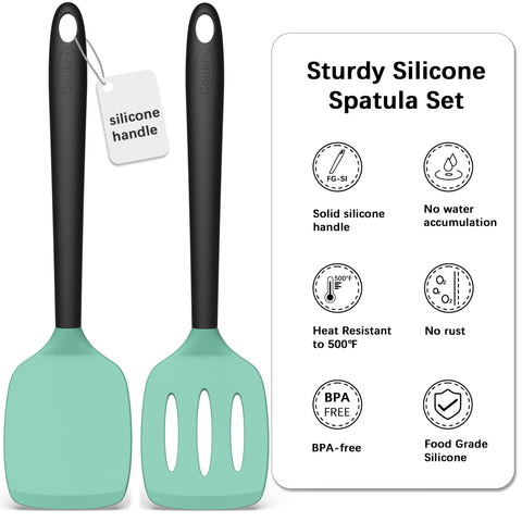 Coukre slotted silicone spatula in AquaGreen for draining liquids while lifting foods
