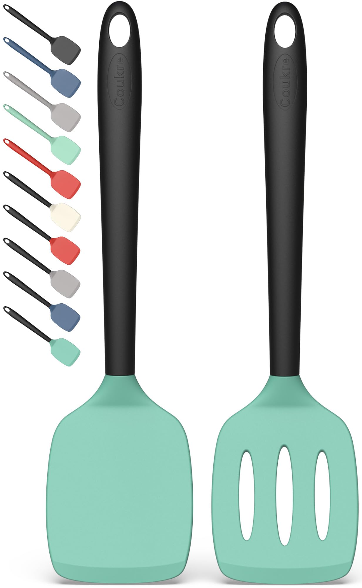 Coukre solid silicone spatula in AquaGreen for safe non-stick cooking and precise turning